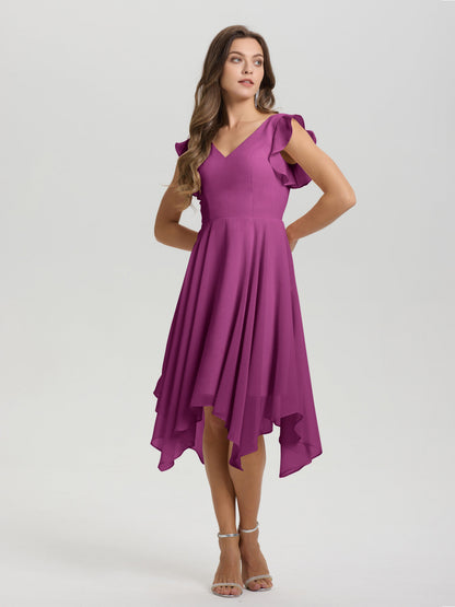 Ruffle Sleeves V-neck Asymmetrical Tea Length Chiffon Bridesmaid Dresses