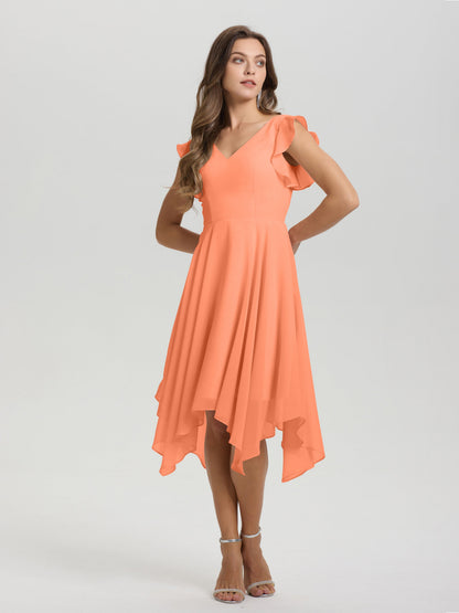 Ruffle Sleeves V-neck Asymmetrical Tea Length Chiffon Bridesmaid Dresses