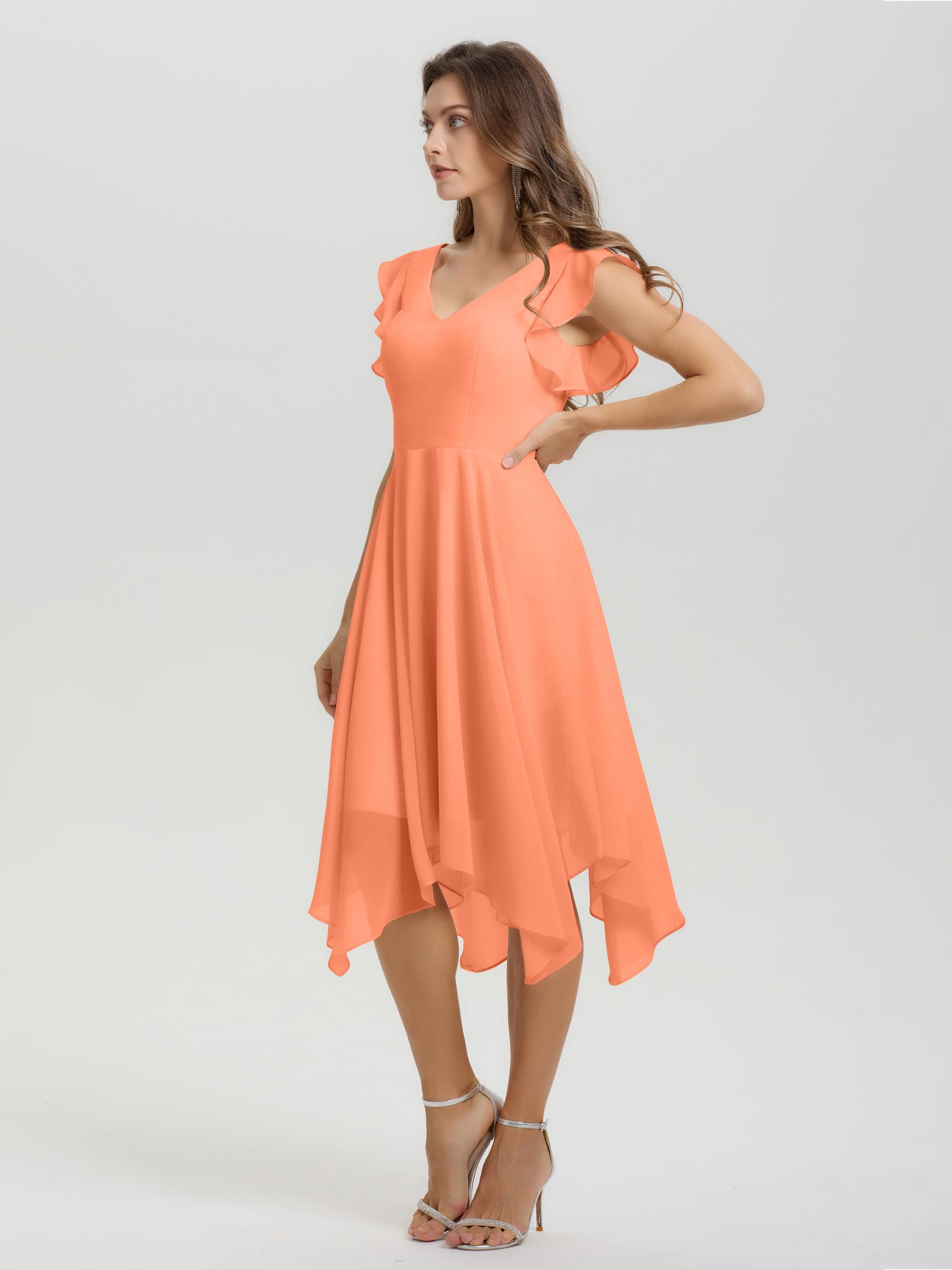 Ruffle Sleeves V-neck Asymmetrical Tea Length Chiffon Bridesmaid Dresses