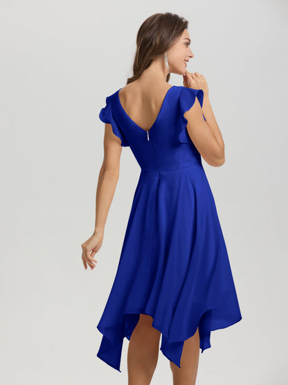 Ruffle Sleeves V-neck Asymmetrical Tea Length Chiffon Bridesmaid Dresses