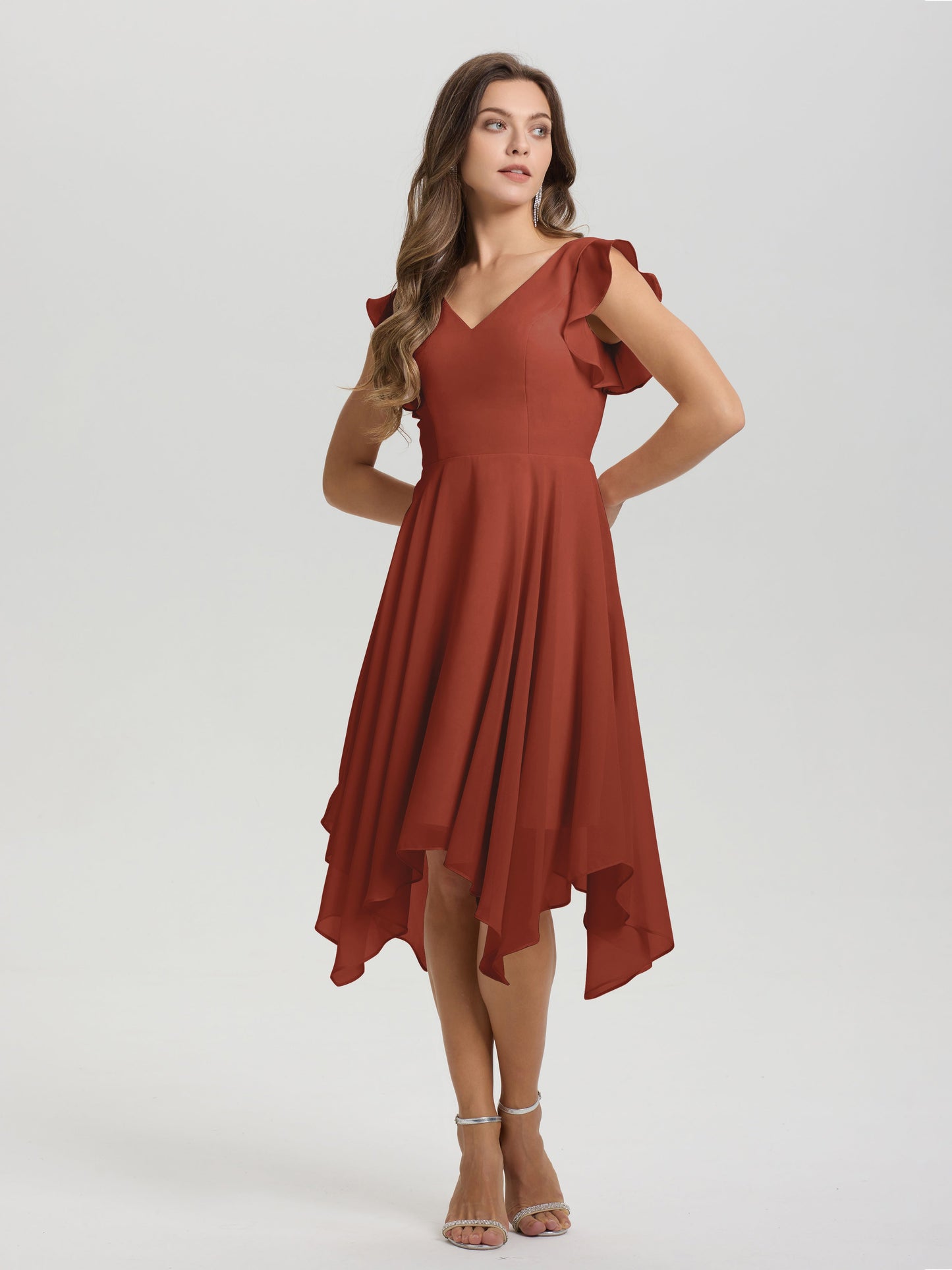 Ruffle Sleeves V-neck Asymmetrical Tea Length Chiffon Bridesmaid Dresses