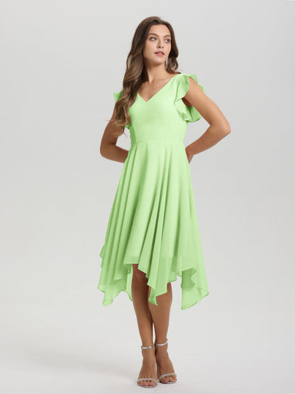 Ruffle Sleeves V-neck Asymmetrical Tea Length Chiffon Bridesmaid Dresses