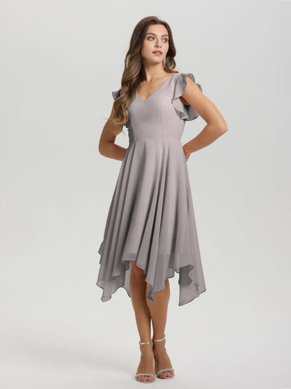 Ruffle Sleeves V-neck Asymmetrical Tea Length Chiffon Bridesmaid Dresses
