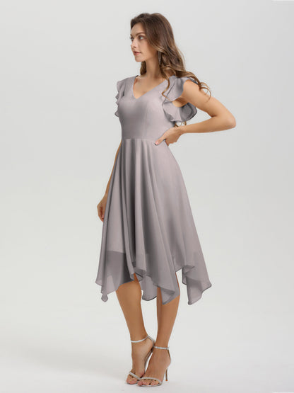 Ruffle Sleeves V-neck Asymmetrical Tea Length Chiffon Bridesmaid Dresses