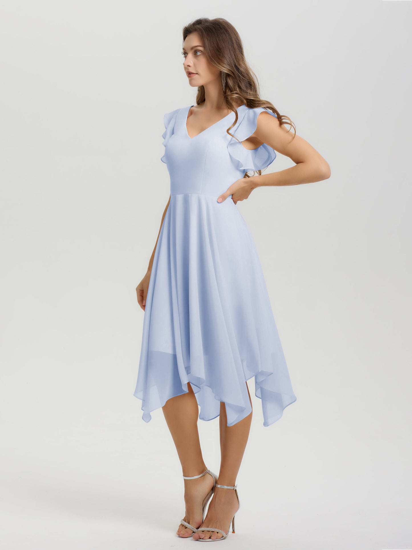Ruffle Sleeves V-neck Asymmetrical Tea Length Chiffon Bridesmaid Dresses