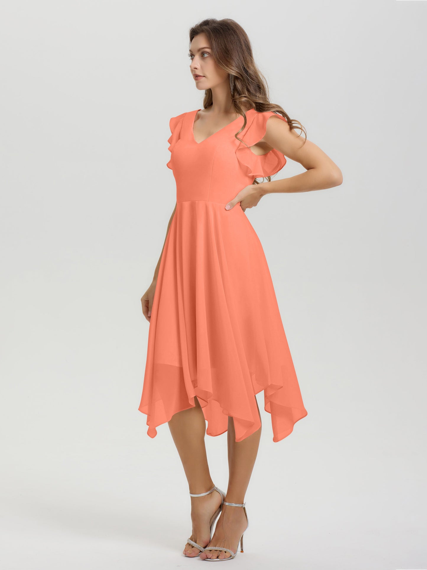 Ruffle Sleeves V-neck Asymmetrical Tea Length Chiffon Bridesmaid Dresses