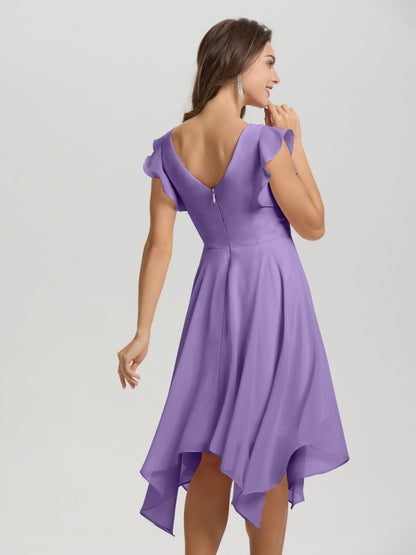 Ruffle Sleeves V-neck Asymmetrical Tea Length Chiffon Bridesmaid Dresses