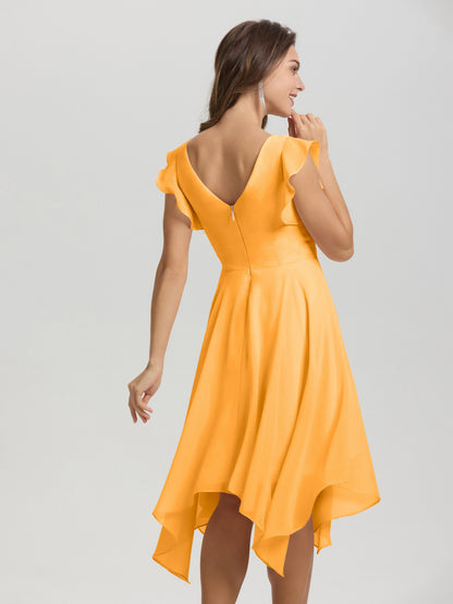Ruffle Sleeves V-neck Asymmetrical Tea Length Chiffon Bridesmaid Dresses