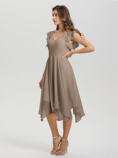 Ruffle Sleeves V-neck Asymmetrical Tea Length Chiffon Bridesmaid Dresses