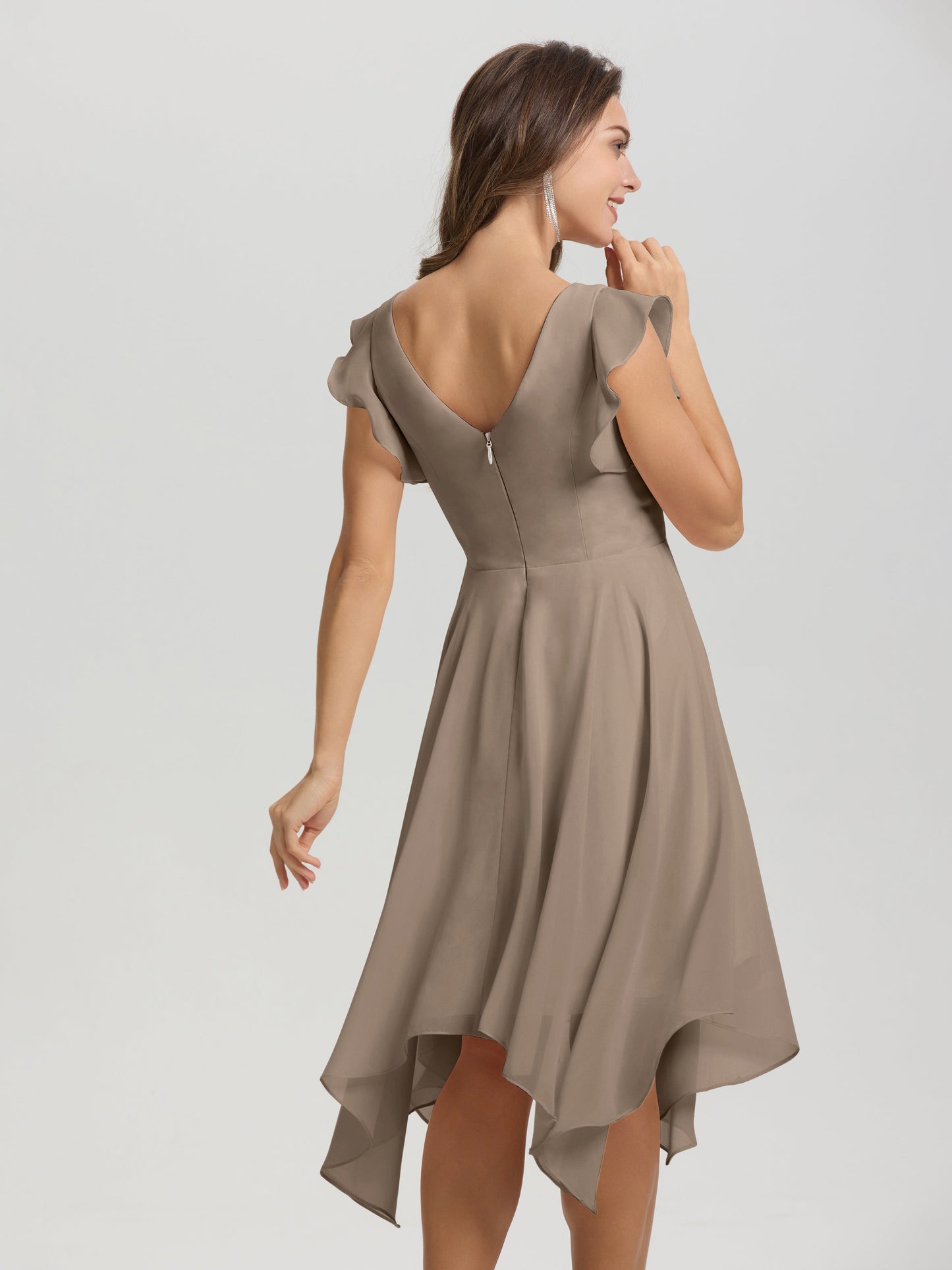 Ruffle Sleeves V-neck Asymmetrical Tea Length Chiffon Bridesmaid Dresses