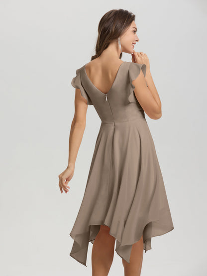 Ruffle Sleeves V-neck Asymmetrical Tea Length Chiffon Bridesmaid Dresses