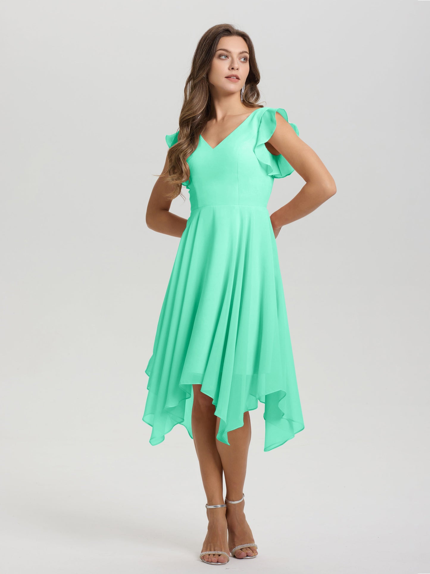 Ruffle Sleeves V-neck Asymmetrical Tea Length Chiffon Bridesmaid Dresses