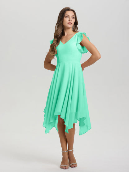 Ruffle Sleeves V-neck Asymmetrical Tea Length Chiffon Bridesmaid Dresses