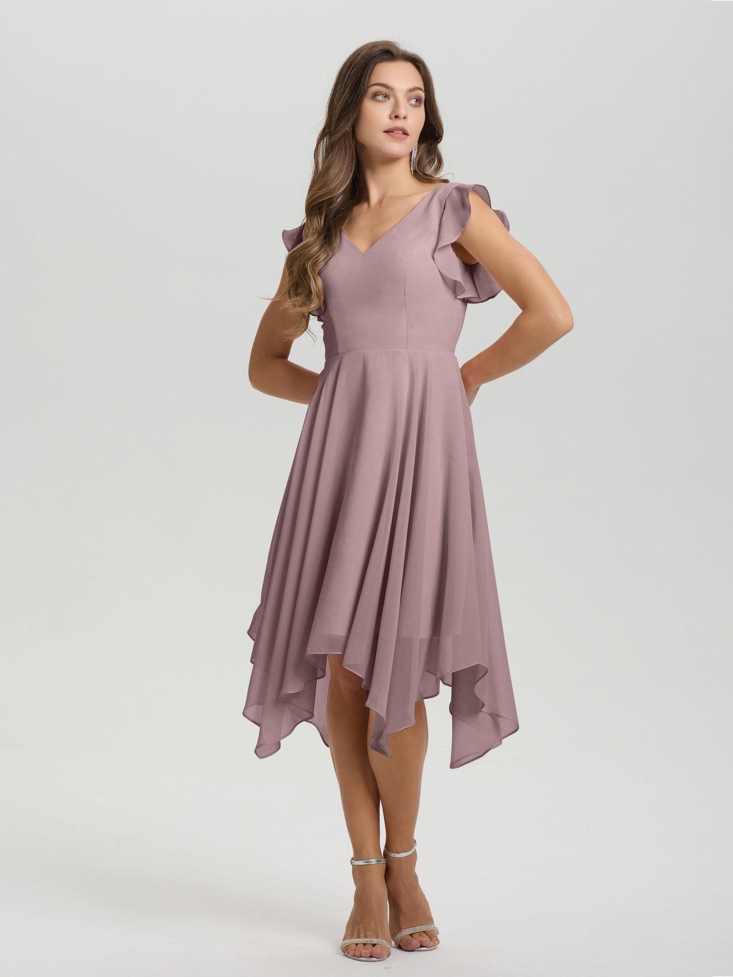 Ruffle Sleeves V-neck Asymmetrical Tea Length Chiffon Bridesmaid Dresses