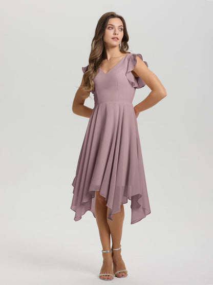 Ruffle Sleeves V-neck Asymmetrical Tea Length Chiffon Bridesmaid Dresses