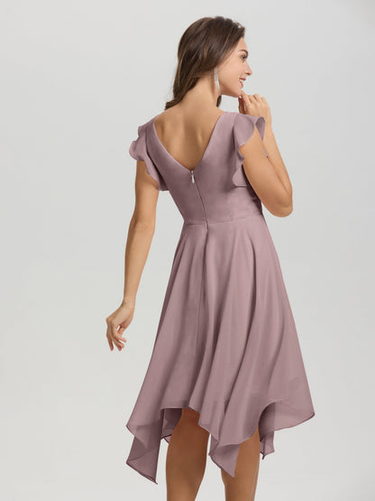 Ruffle Sleeves V-neck Asymmetrical Tea Length Chiffon Bridesmaid Dresses
