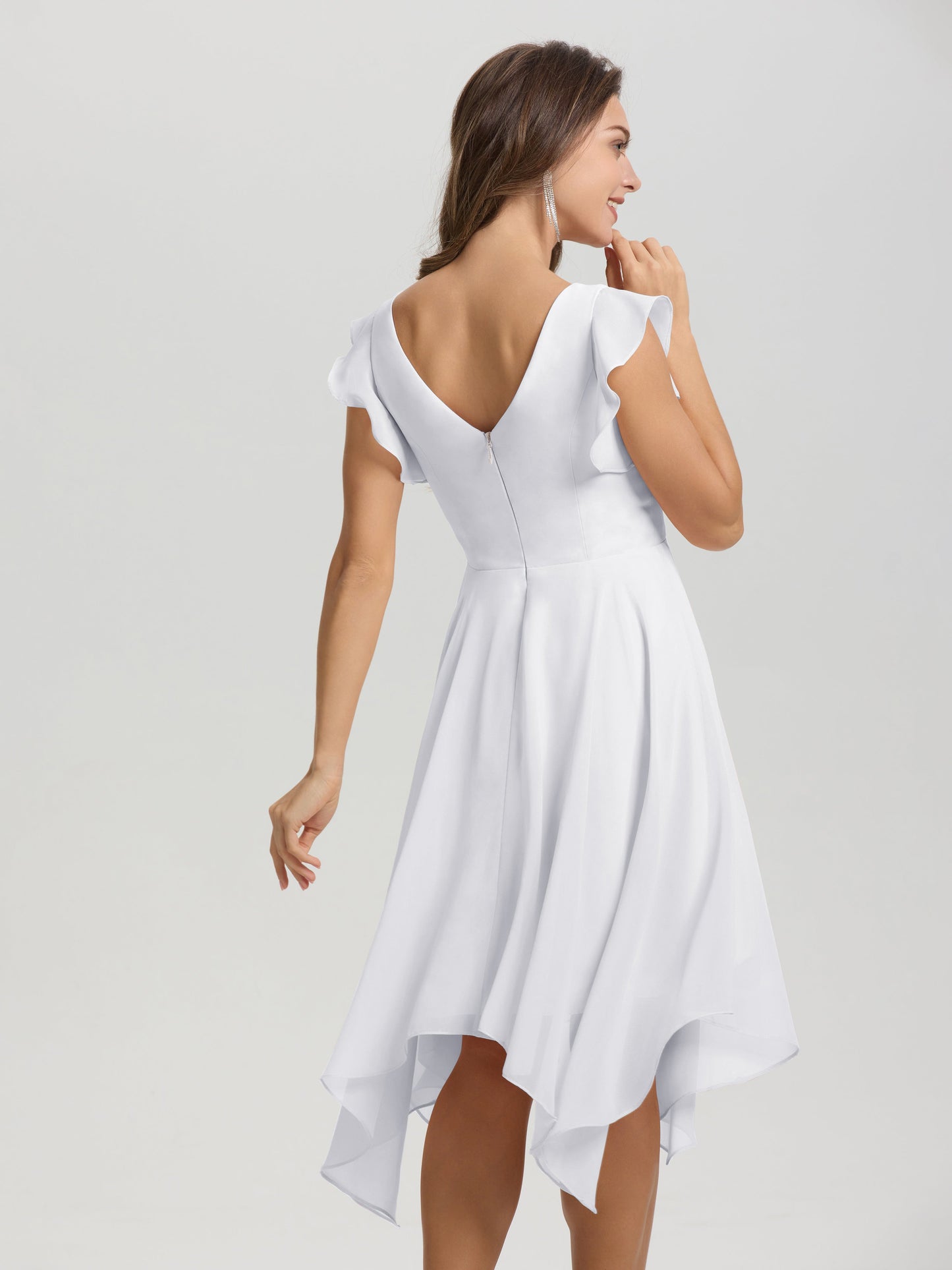 Ruffle Sleeves V-neck Asymmetrical Tea Length Chiffon Bridesmaid Dresses