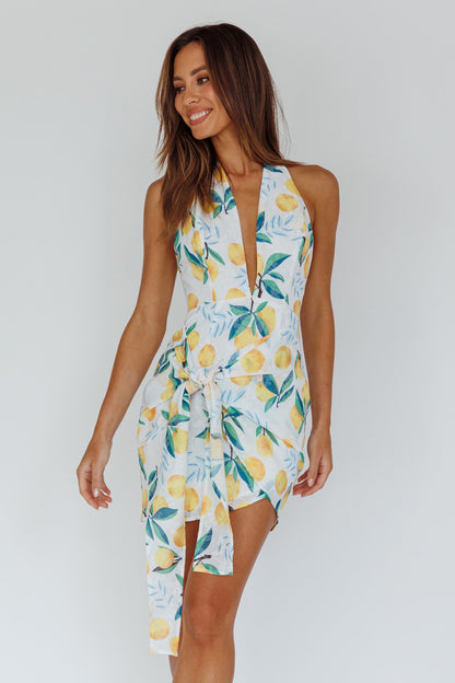 Euro Trip Halter Wrap Mini Dress Lemon