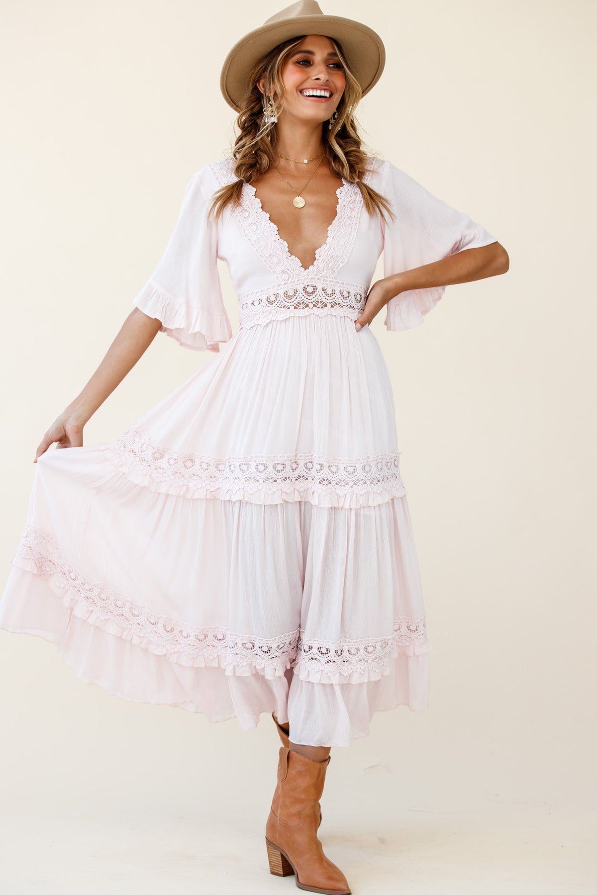 Indio Crochet Insert Deep V-Neckline Angel Sleeve Maxi Dress Pink