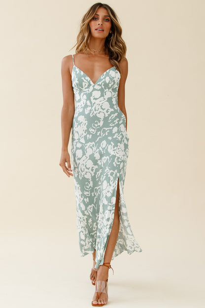 Downtown Cami Strap Front Split Midi Dress Stencil Print Sage