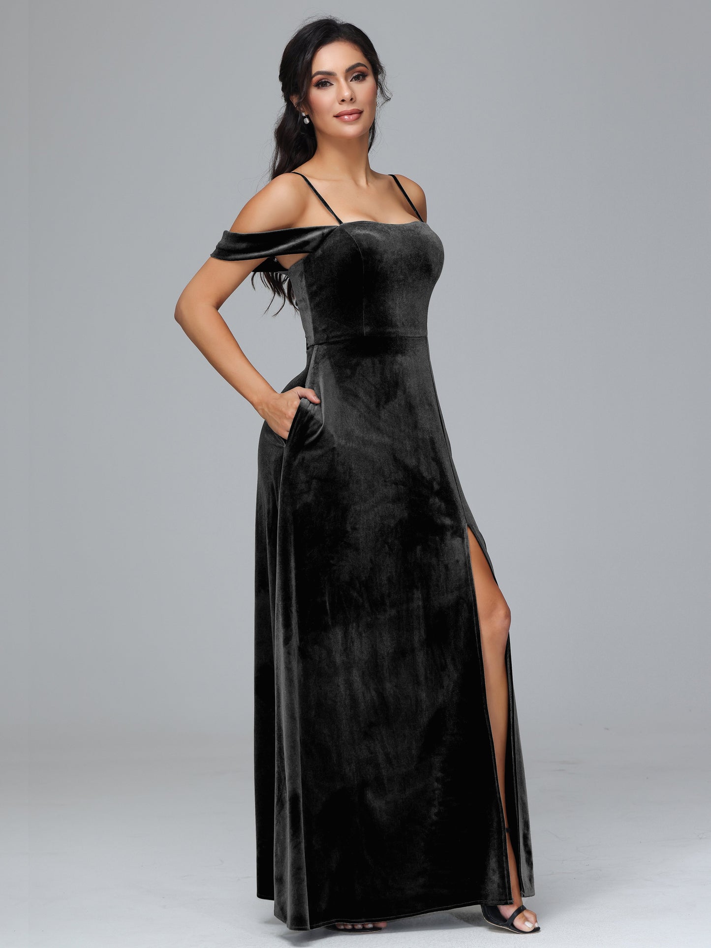 Spaghetti Straps Off Shoulder Velvet Bridesmaid Dress With Slit