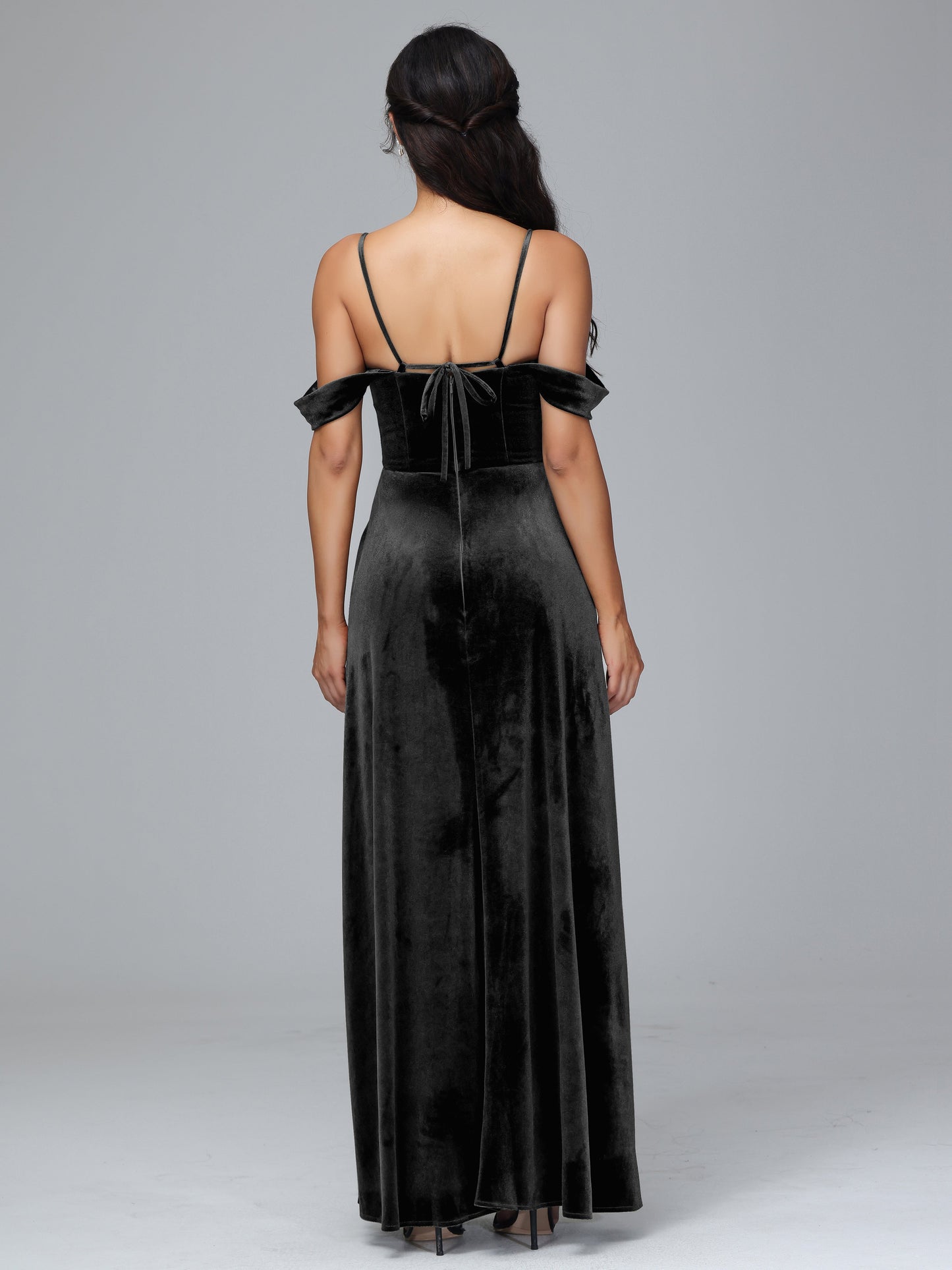 Spaghetti Straps Off Shoulder Velvet Bridesmaid Dress With Slit