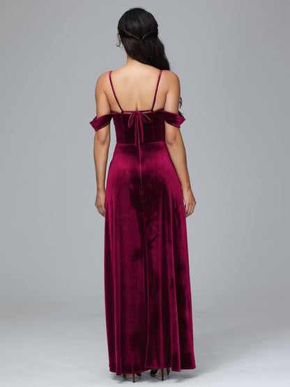 Spaghetti Straps Off Shoulder Velvet Bridesmaid Dress With Slit