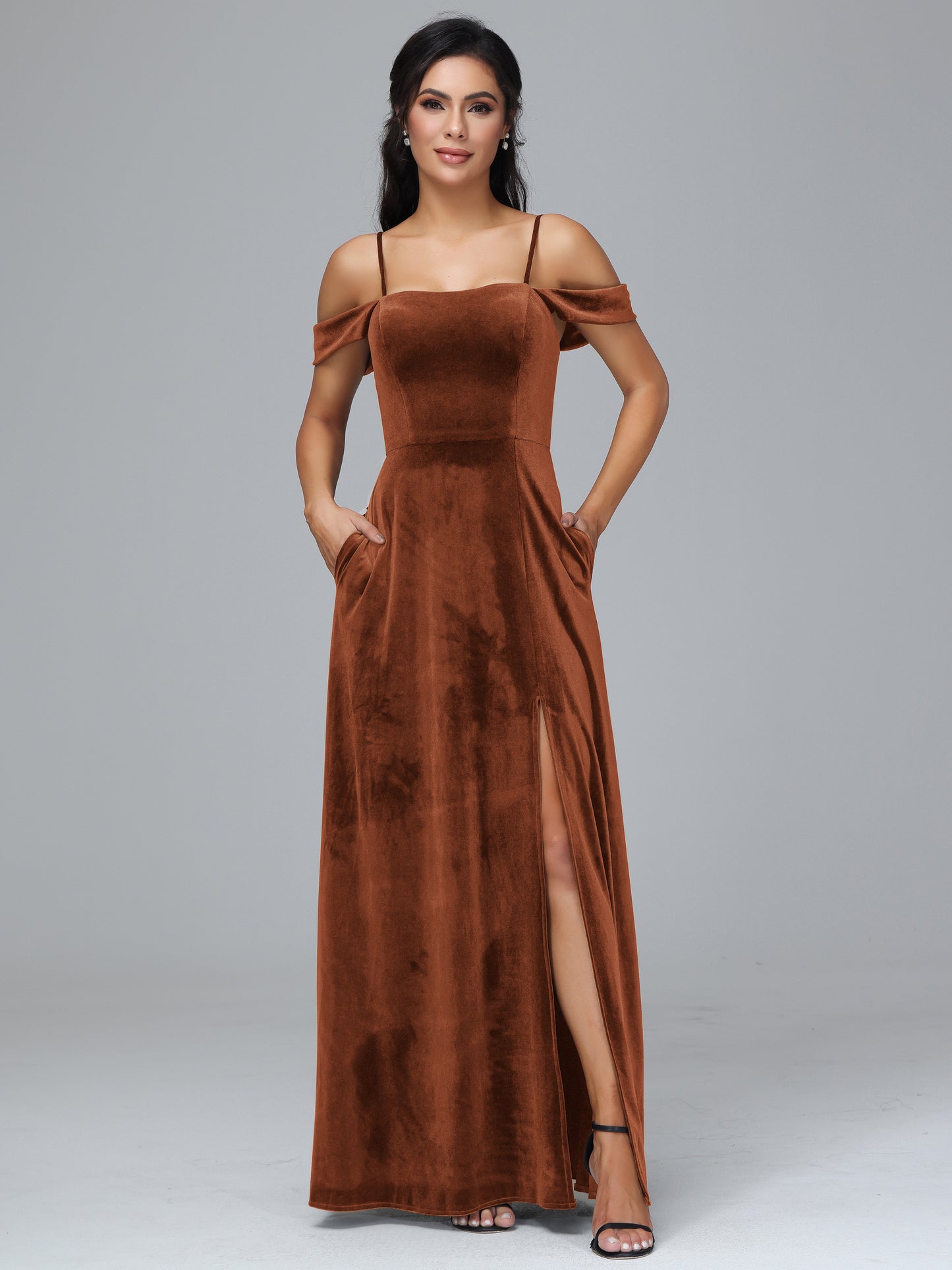 Spaghetti Straps Off Shoulder Velvet Bridesmaid Dress With Slit