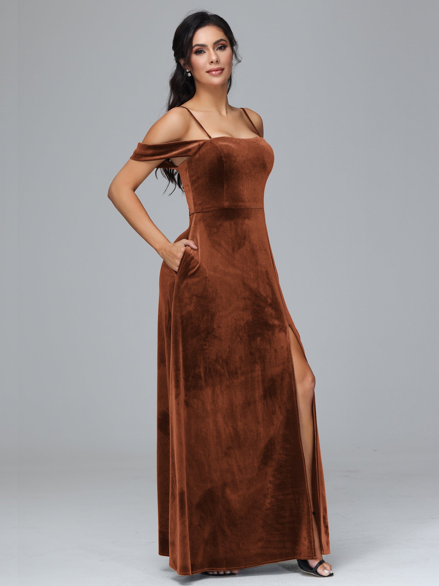 Spaghetti Straps Off Shoulder Velvet Bridesmaid Dress With Slit