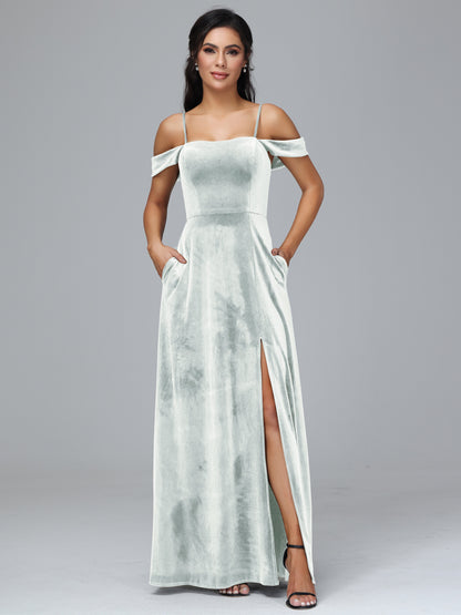 Spaghetti Straps Off Shoulder Velvet Bridesmaid Dress With Slit