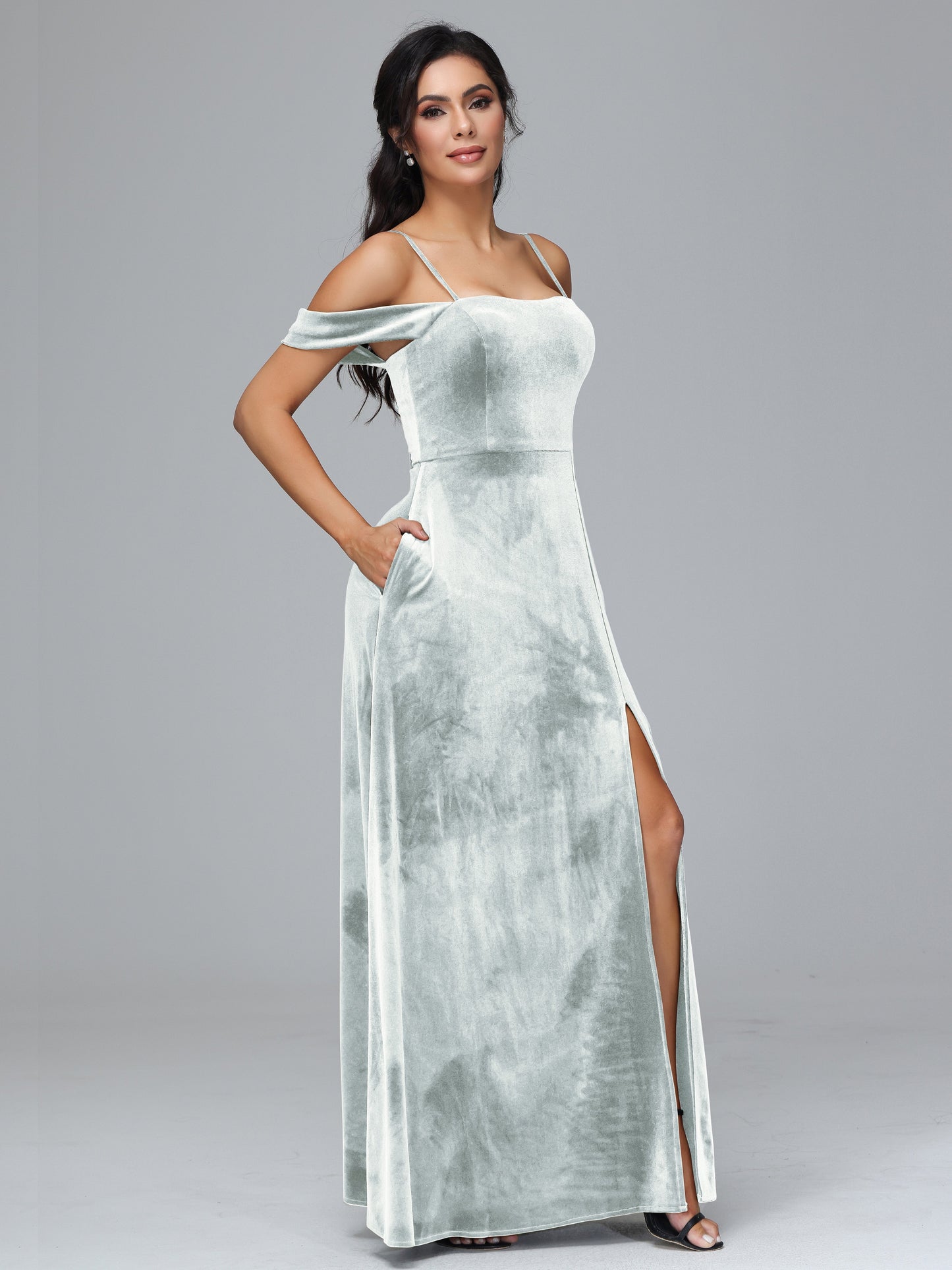 Spaghetti Straps Off Shoulder Velvet Bridesmaid Dress With Slit