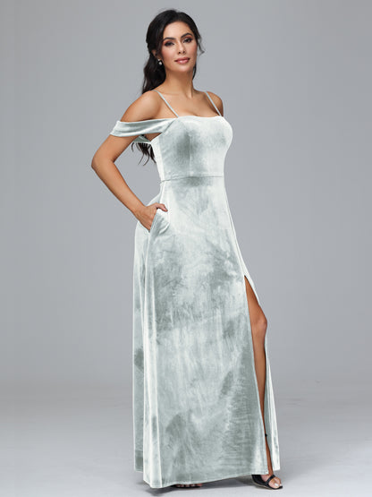 Spaghetti Straps Off Shoulder Velvet Bridesmaid Dress With Slit