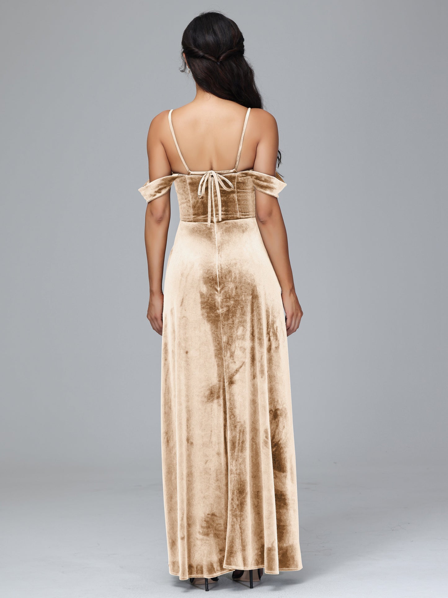 Spaghetti Straps Off Shoulder Velvet Bridesmaid Dress With Slit