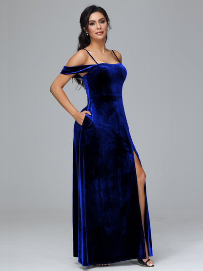 Spaghetti Straps Off Shoulder Velvet Bridesmaid Dress With Slit