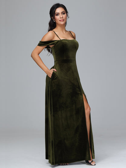 Spaghetti Straps Off Shoulder Velvet Bridesmaid Dress With Slit