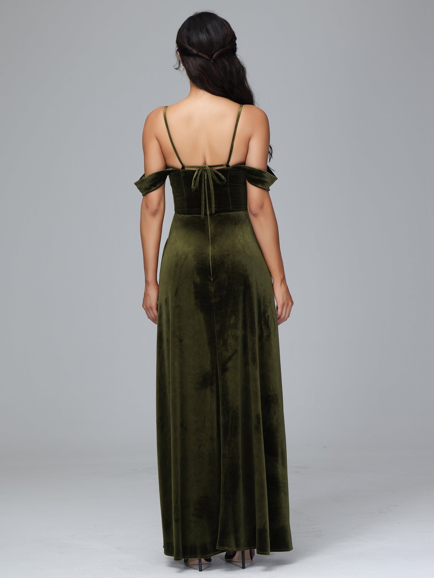 Spaghetti Straps Off Shoulder Velvet Bridesmaid Dress With Slit