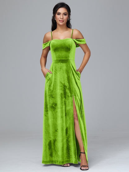Spaghetti Straps Off Shoulder Velvet Bridesmaid Dress With Slit