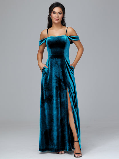 Spaghetti Straps Off Shoulder Velvet Bridesmaid Dress With Slit