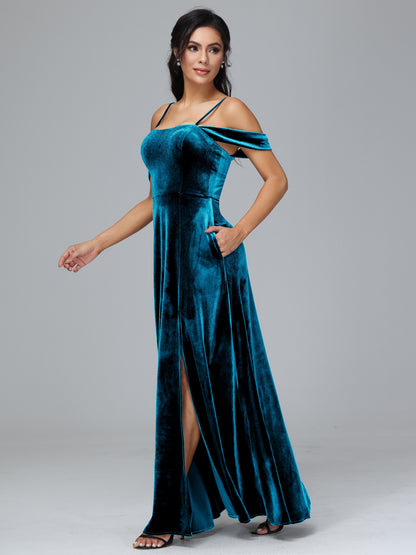Spaghetti Straps Off Shoulder Velvet Bridesmaid Dress With Slit
