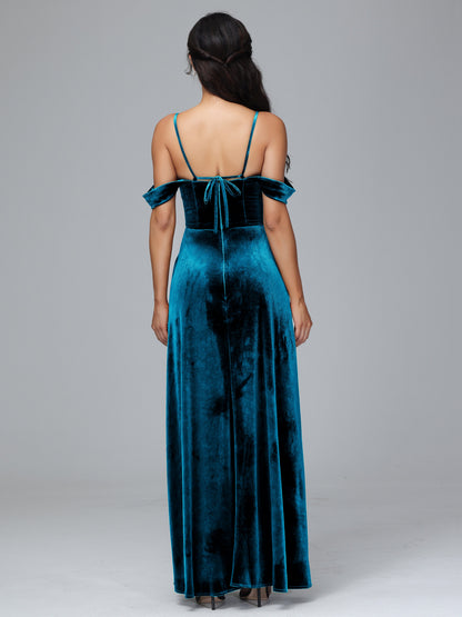 Spaghetti Straps Off Shoulder Velvet Bridesmaid Dress With Slit