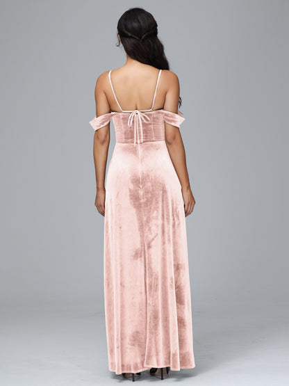 Spaghetti Straps Off Shoulder Velvet Bridesmaid Dress With Slit