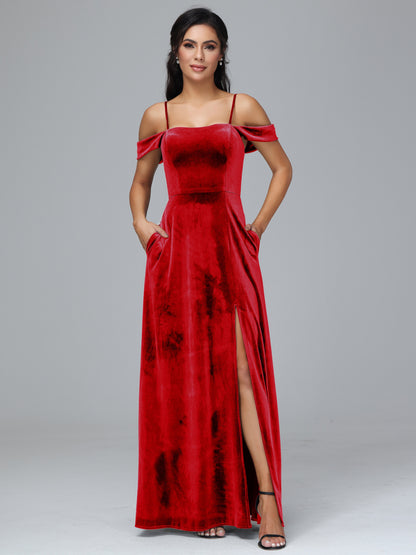 Spaghetti Straps Off Shoulder Velvet Bridesmaid Dress With Slit