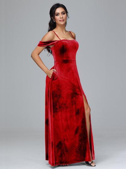 Spaghetti Straps Off Shoulder Velvet Bridesmaid Dress With Slit