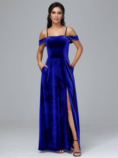 Spaghetti Straps Off Shoulder Velvet Bridesmaid Dress With Slit