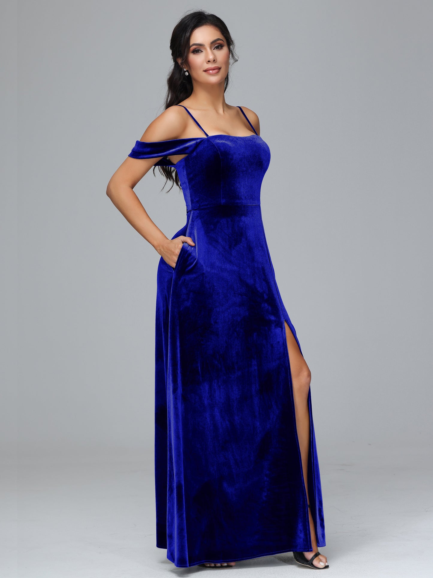 Spaghetti Straps Off Shoulder Velvet Bridesmaid Dress With Slit