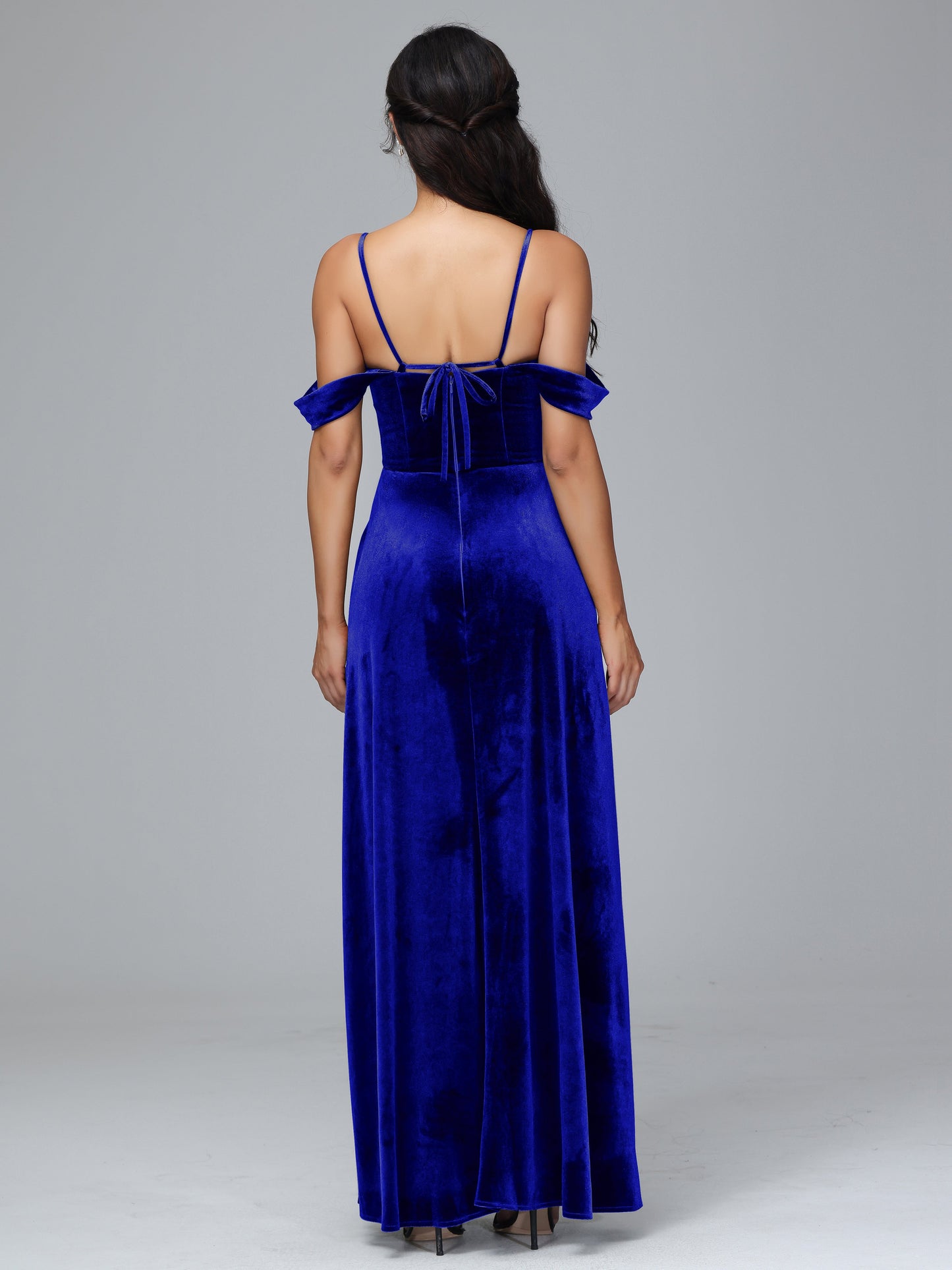 Spaghetti Straps Off Shoulder Velvet Bridesmaid Dress With Slit