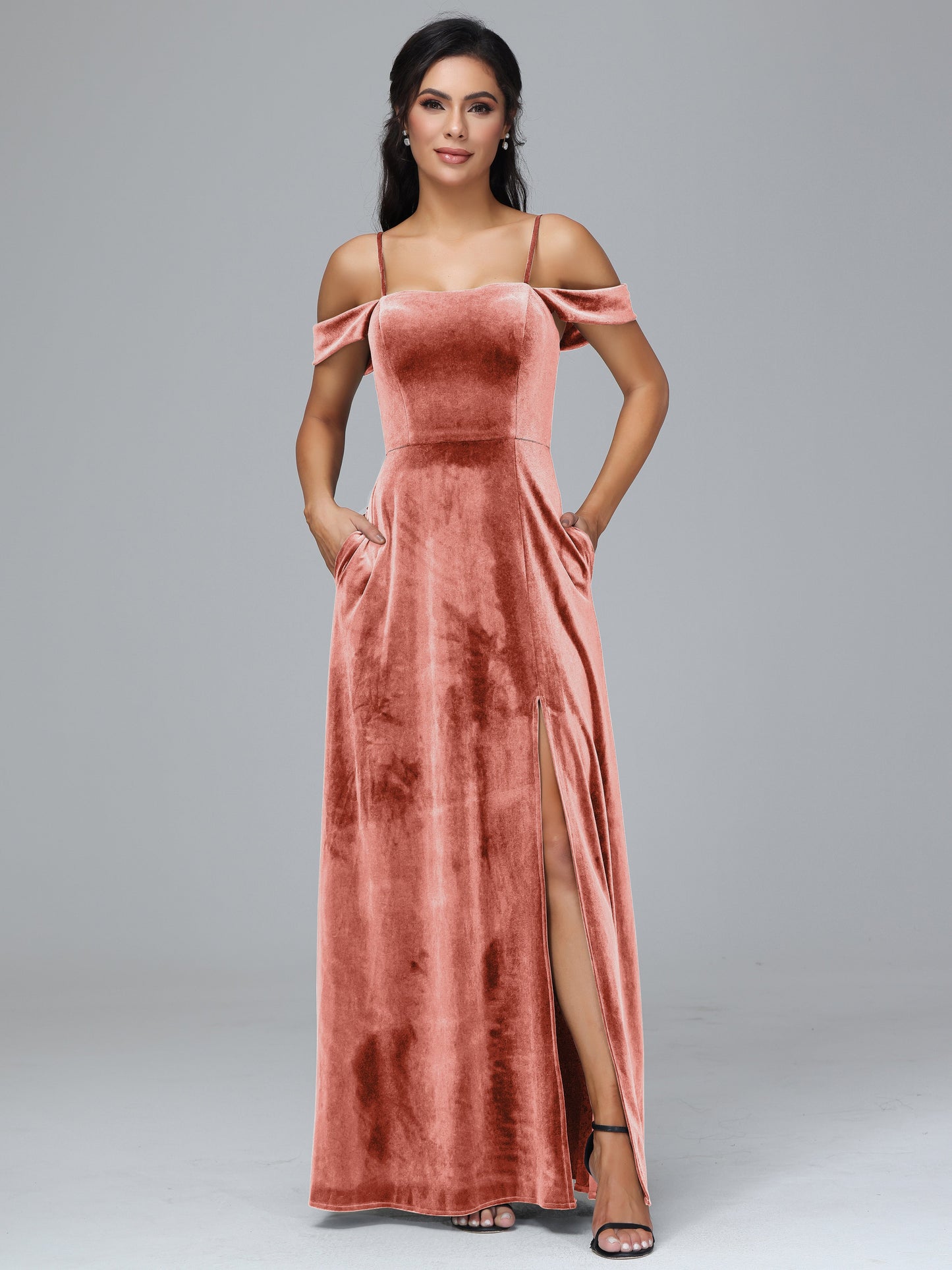 Spaghetti Straps Off Shoulder Velvet Bridesmaid Dress With Slit