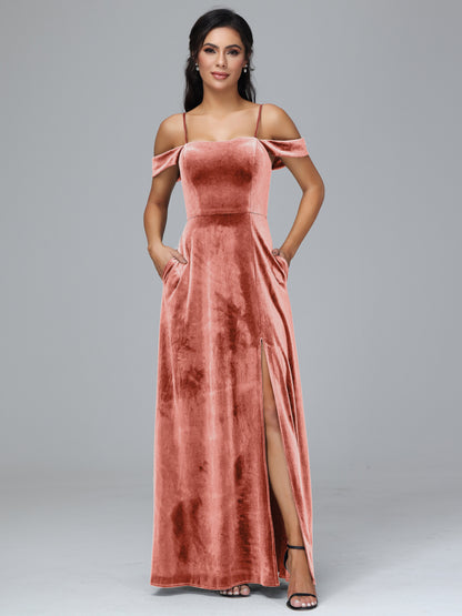 Spaghetti Straps Off Shoulder Velvet Bridesmaid Dress With Slit