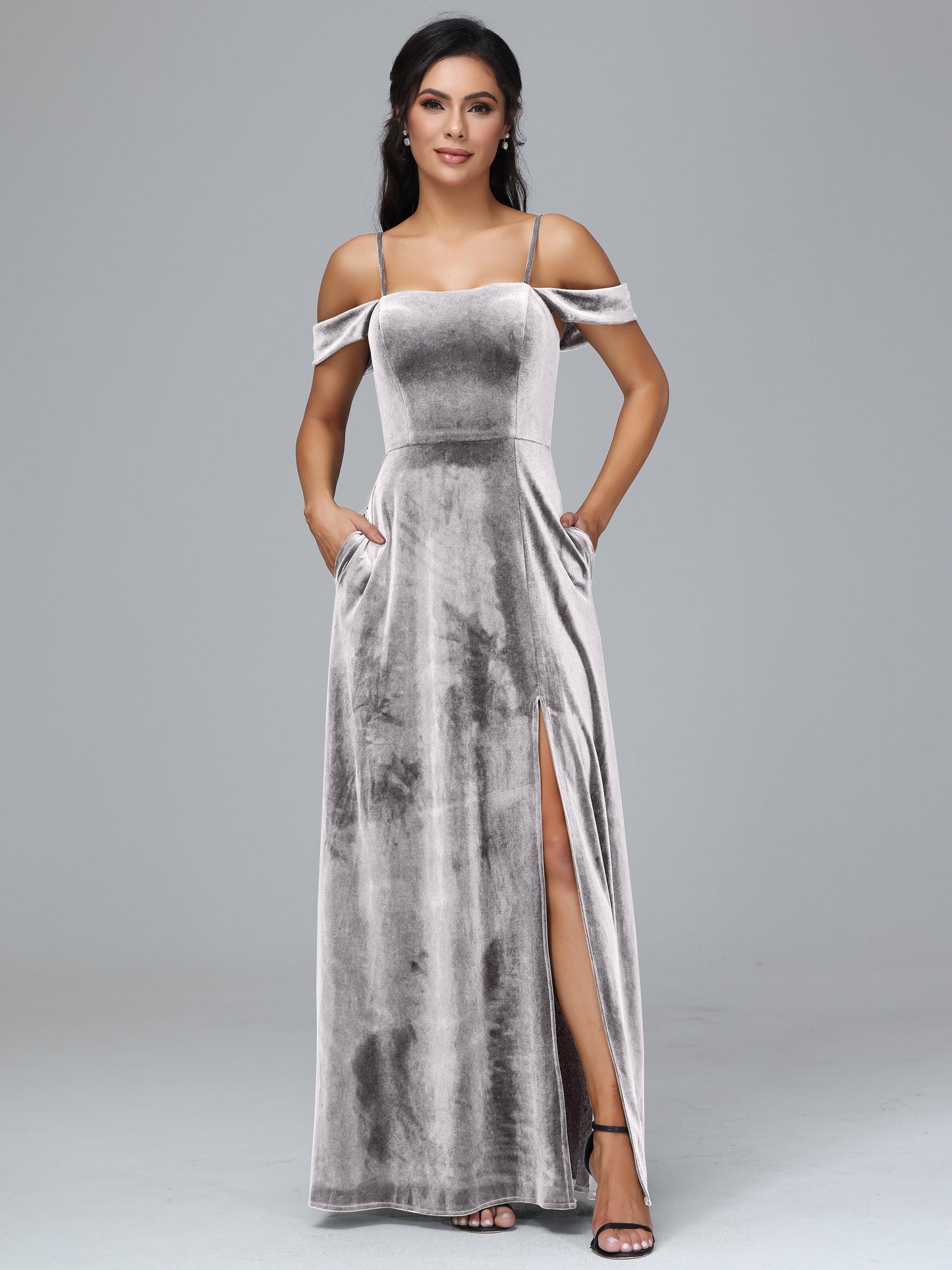 Spaghetti Straps Off Shoulder Velvet Bridesmaid Dress With Slit