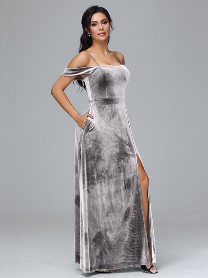 Spaghetti Straps Off Shoulder Velvet Bridesmaid Dress With Slit